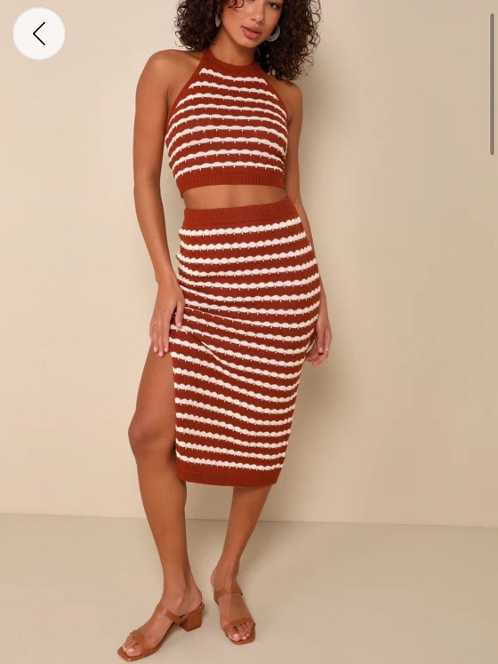 Lulus Stiped Knit Midi Skirt and Top Set in Rust and Cream